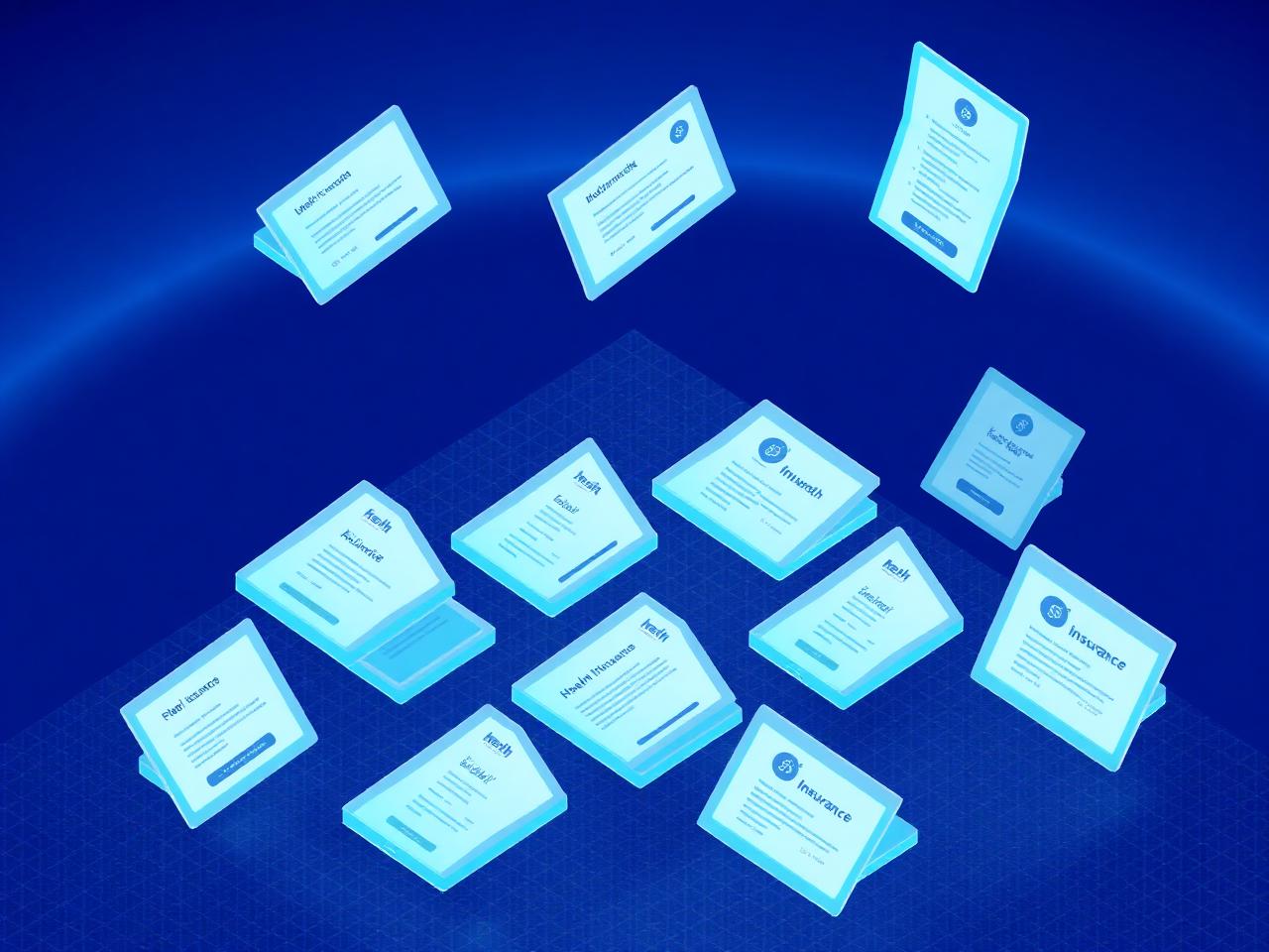 Floating health insurance plan cards arranged in a marketplace grid
